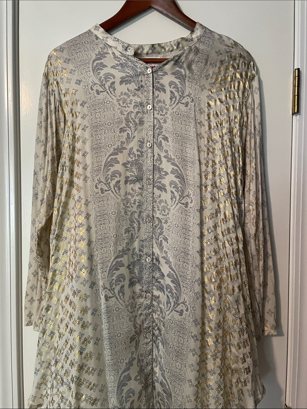 Johnny Was Cream Tunic with Gray Paisley and Gold Foil Accents